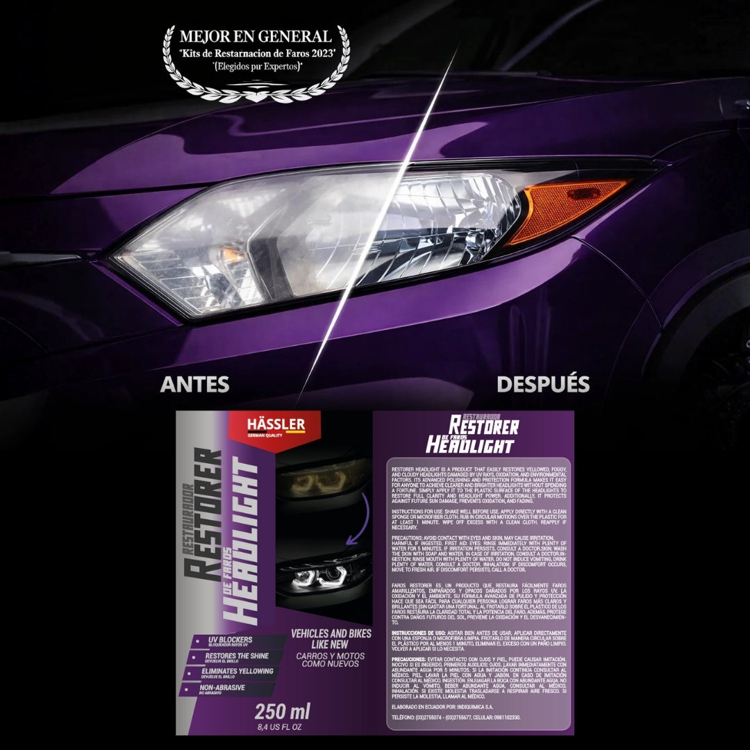 HASSLER® HeadLight Restore Pro – Renovador de Faros 250 ml | Brillo y Protección Profesional